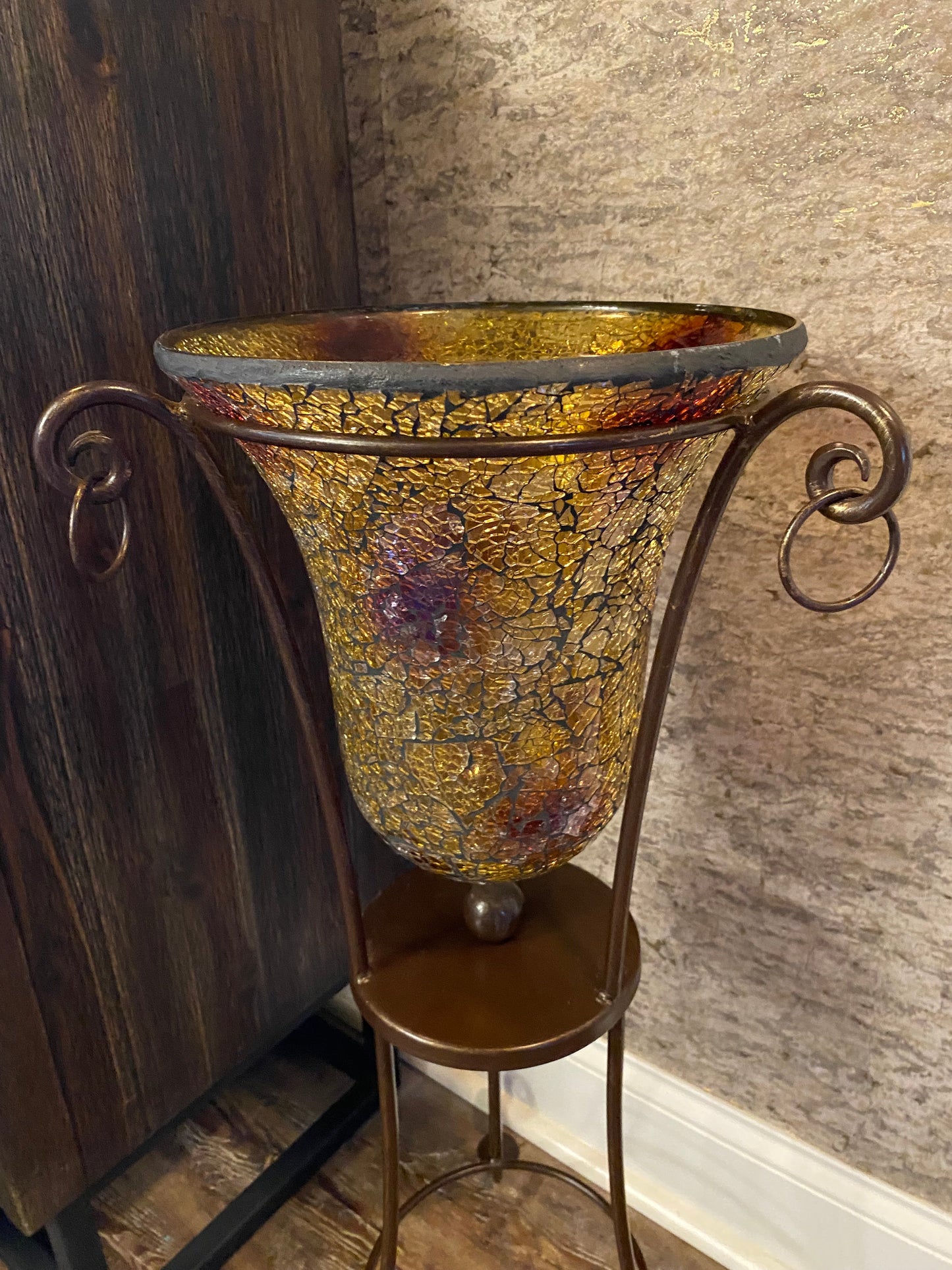 Crackle amber gold mosaic glasses bronze stand candle holders