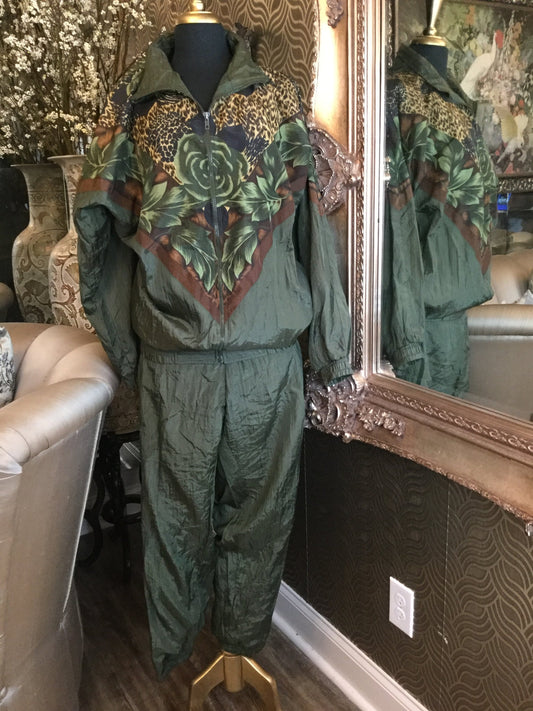 Vintage animal print green leaf jacket pants