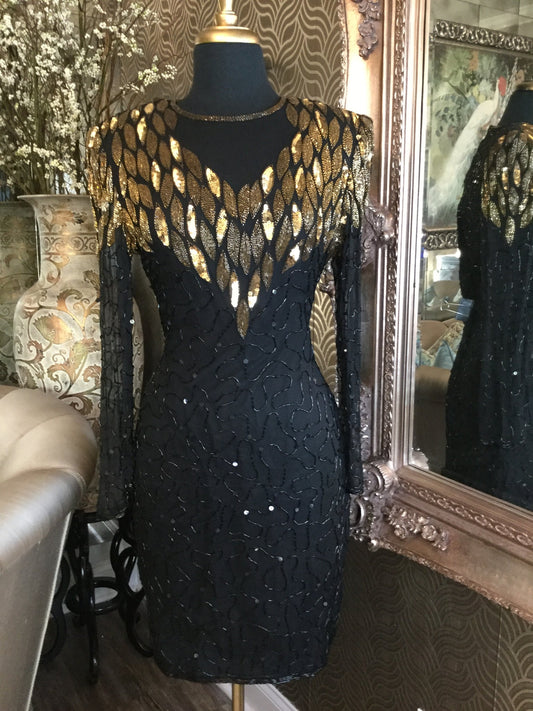 Vintage black gold sequin beaded dress