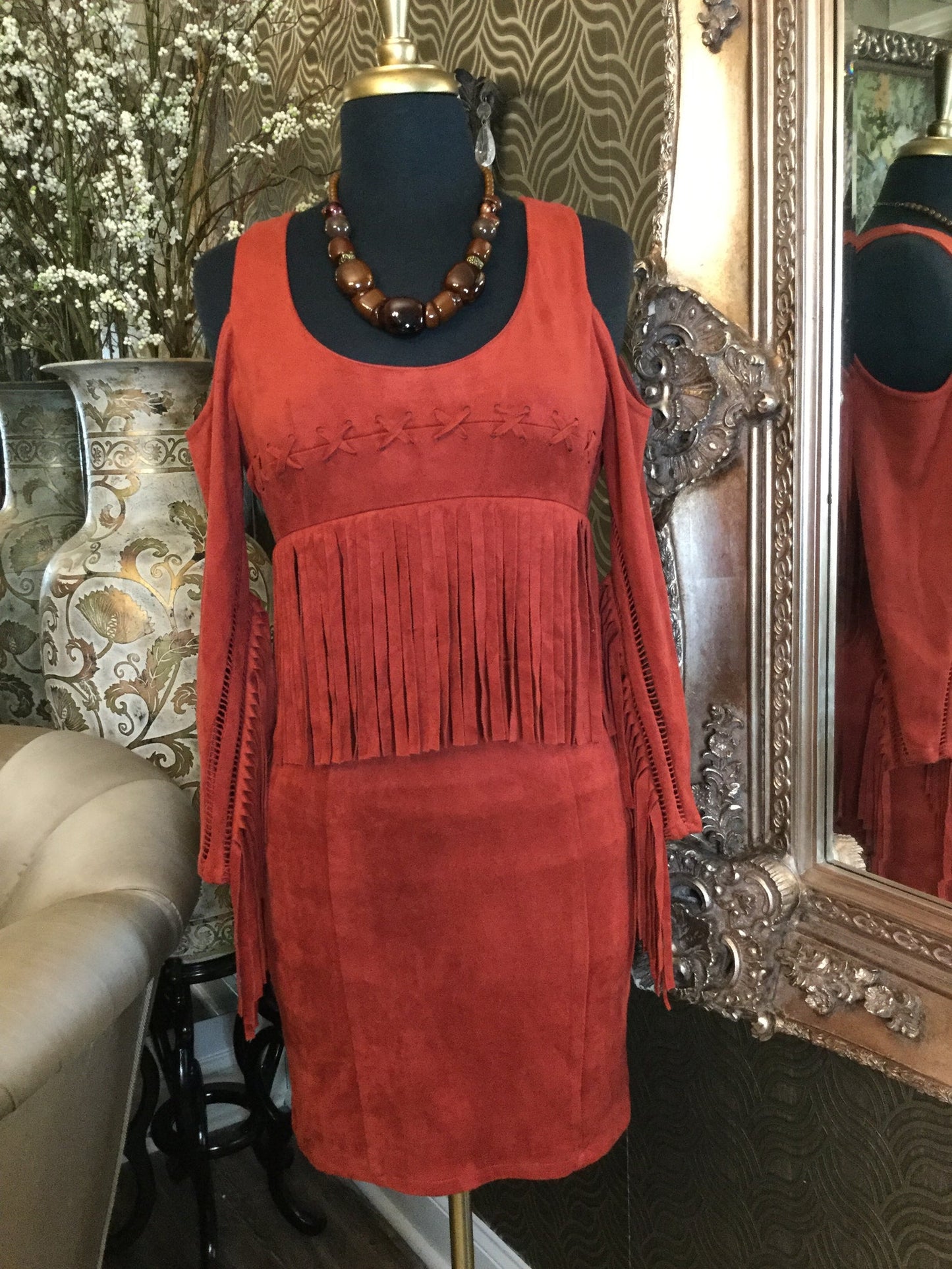 Rust shoulder cut out fringe trim dress