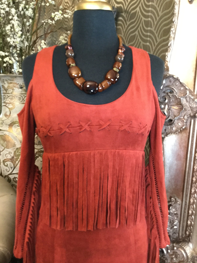 Rust shoulder cut out fringe trim dress