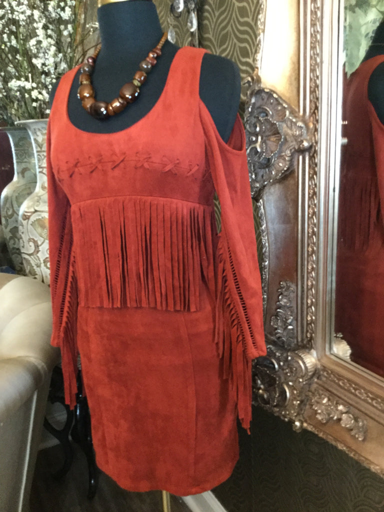 Rust shoulder cut out fringe trim dress