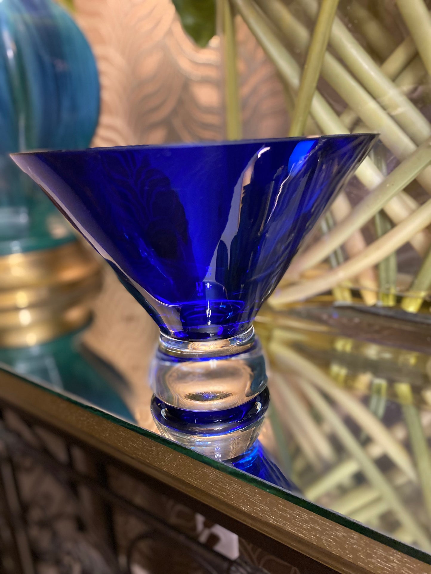 Cone shaped cobalt blue handcrafted blown glass bowl