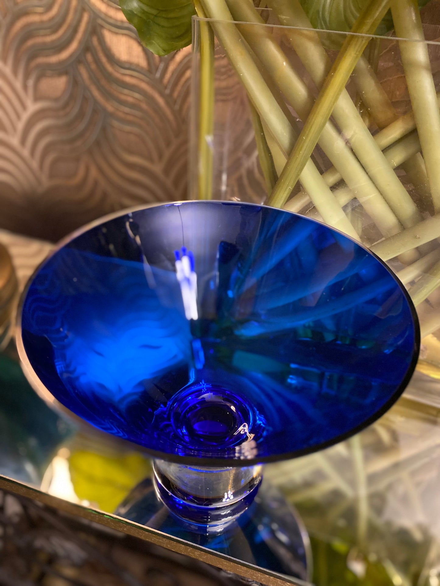 Cone shaped cobalt blue handcrafted blown glass bowl