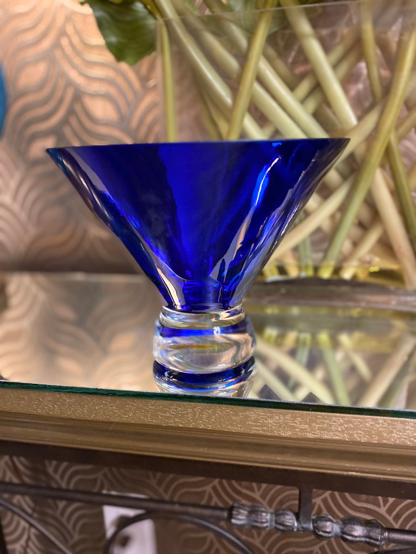 Cone shaped cobalt blue handcrafted blown glass bowl