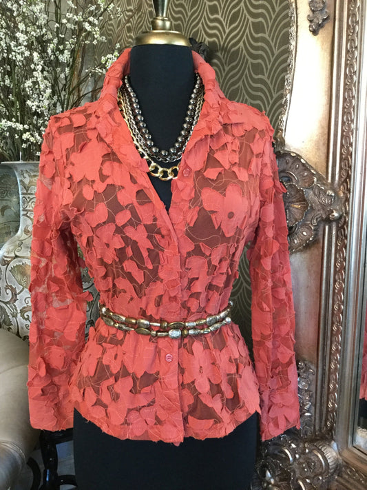 Burnt orange sheer floral embroidered top