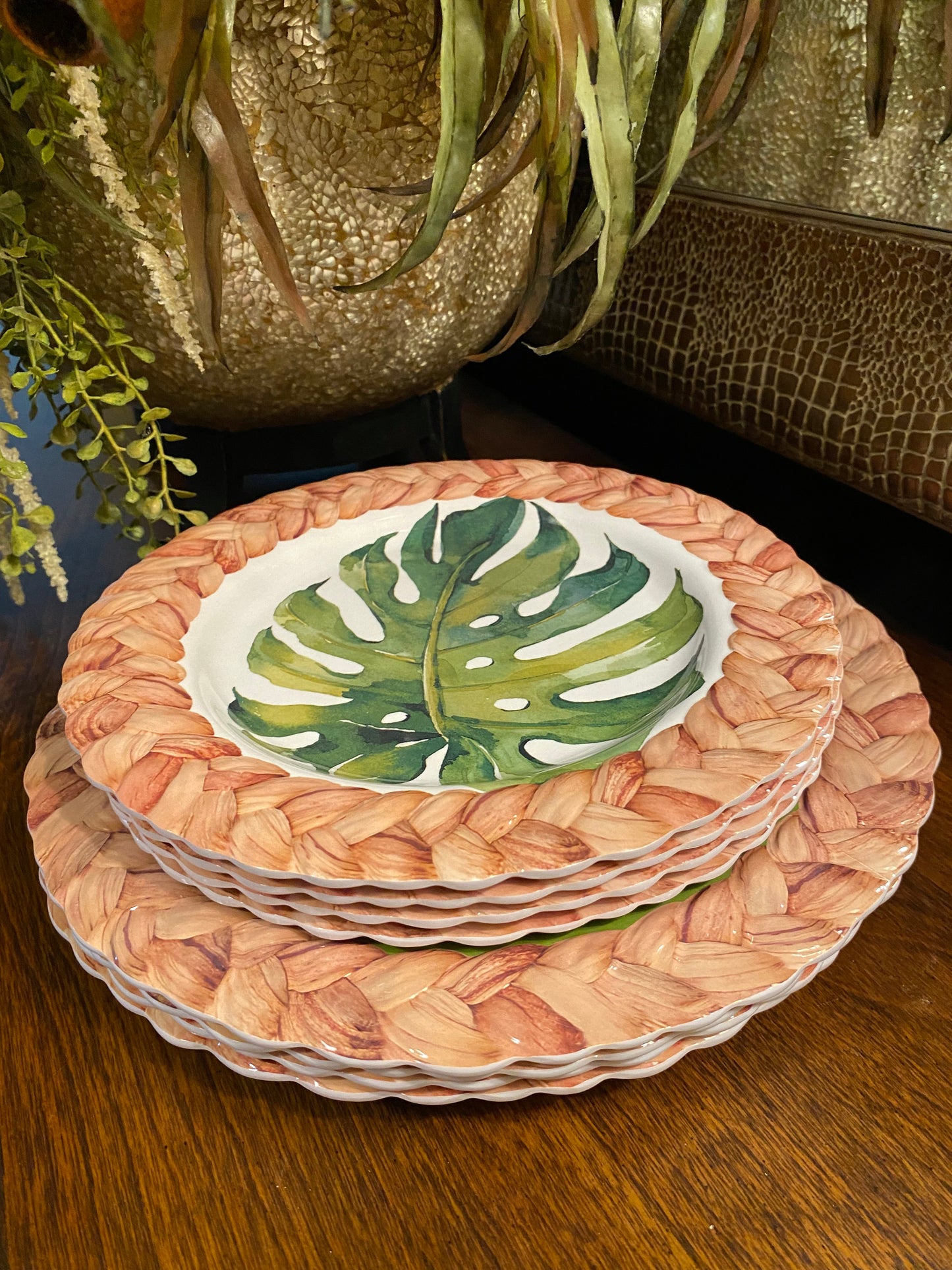 Pier 1 Imports Tropical palm leaves braided melamine dinner plates