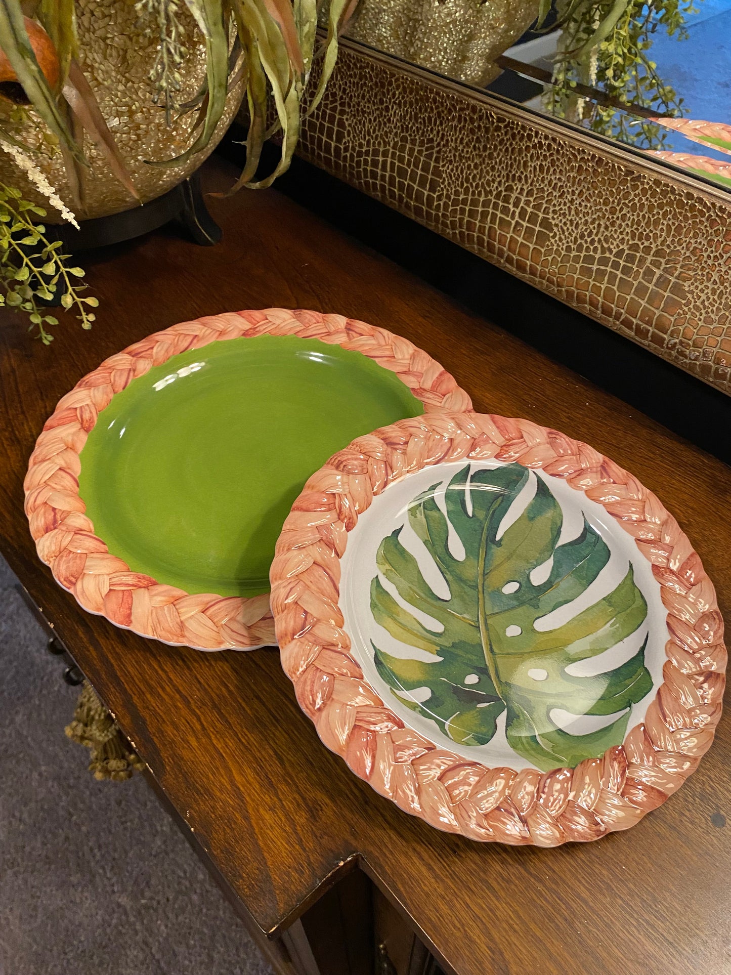 Pier 1 Imports Tropical palm leaves braided melamine dinner plates