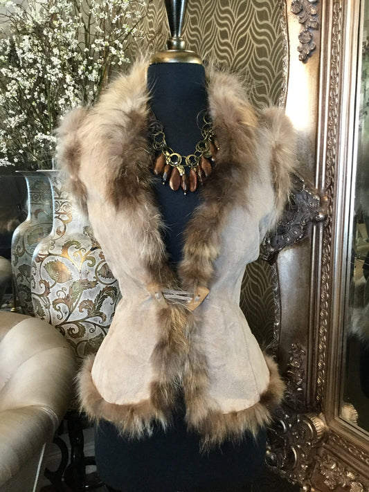 Tan leather suede racoon fur vest