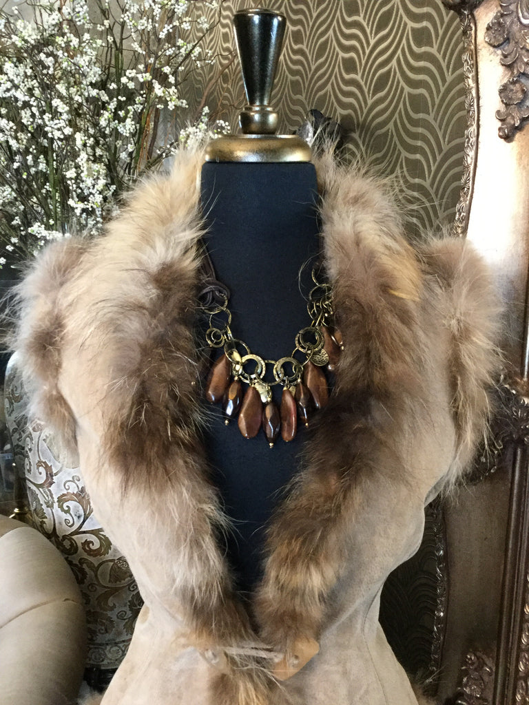 Tan leather suede racoon fur vest