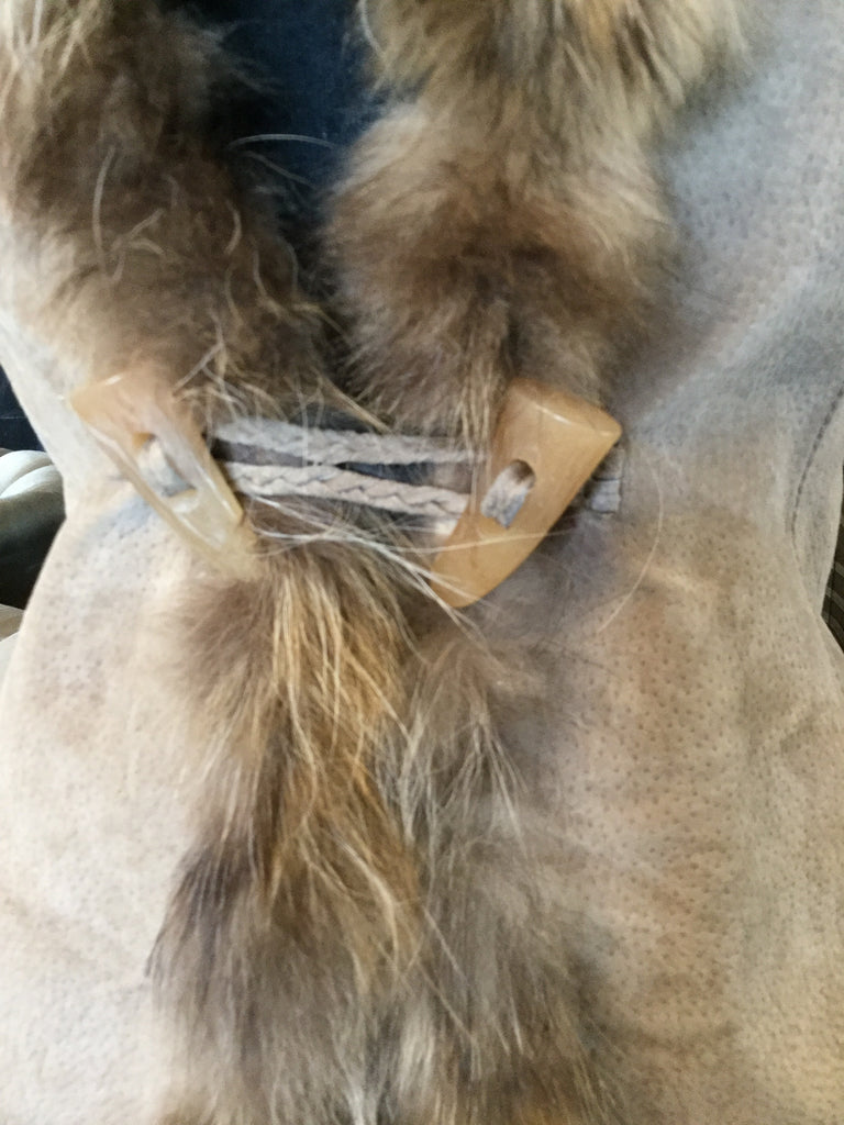 Tan leather suede racoon fur vest