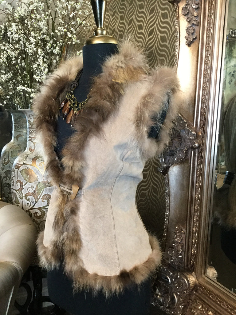 Tan leather suede racoon fur vest