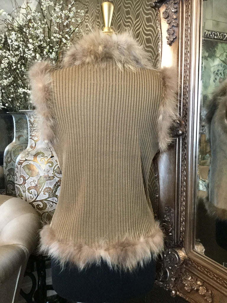 Tan leather suede racoon fur vest