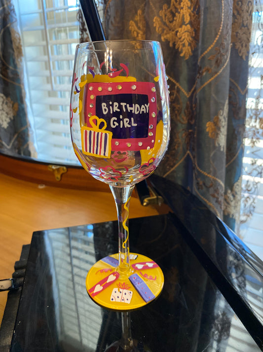 Lolita colorful birthday girl hand painted wine glass