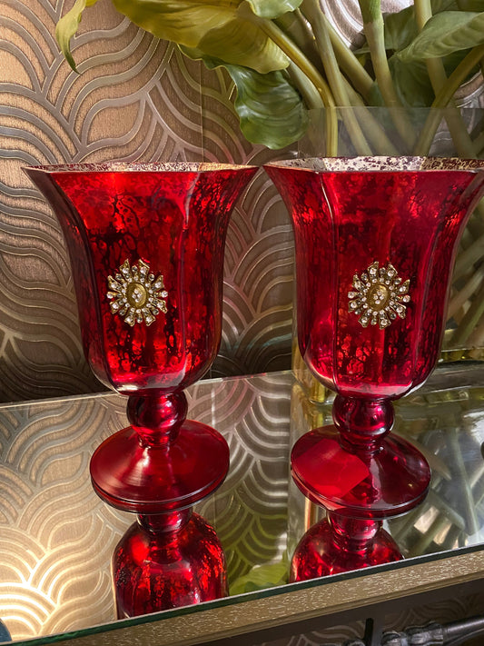 Red distress glass medallion hurricane vases