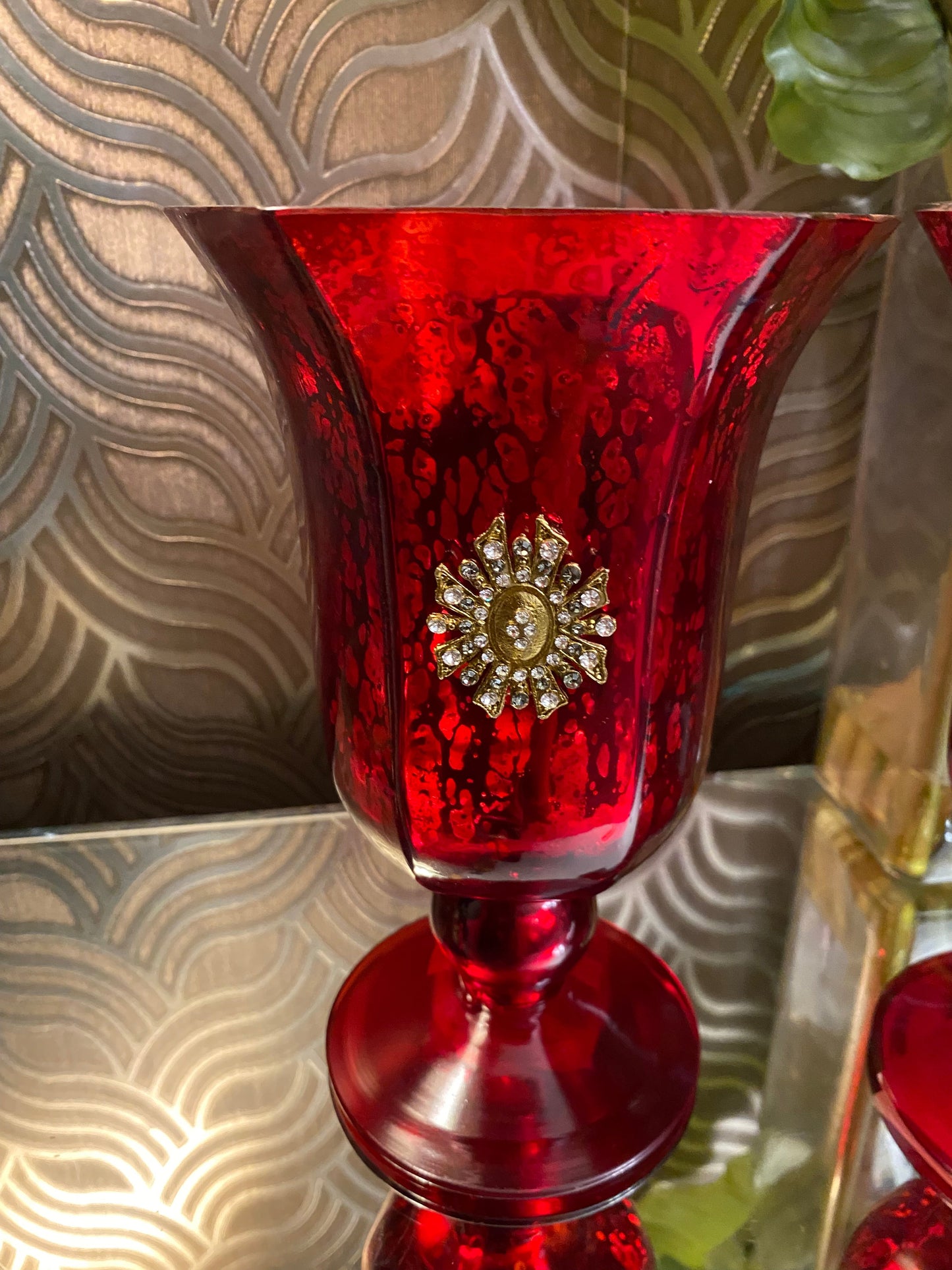 Red distress glass medallion hurricane vases