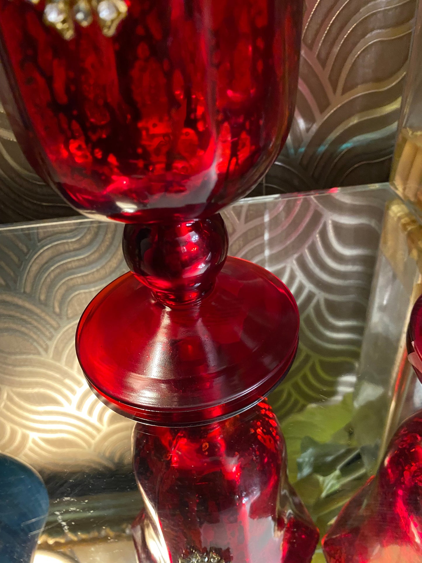 Red distress glass medallion hurricane vases