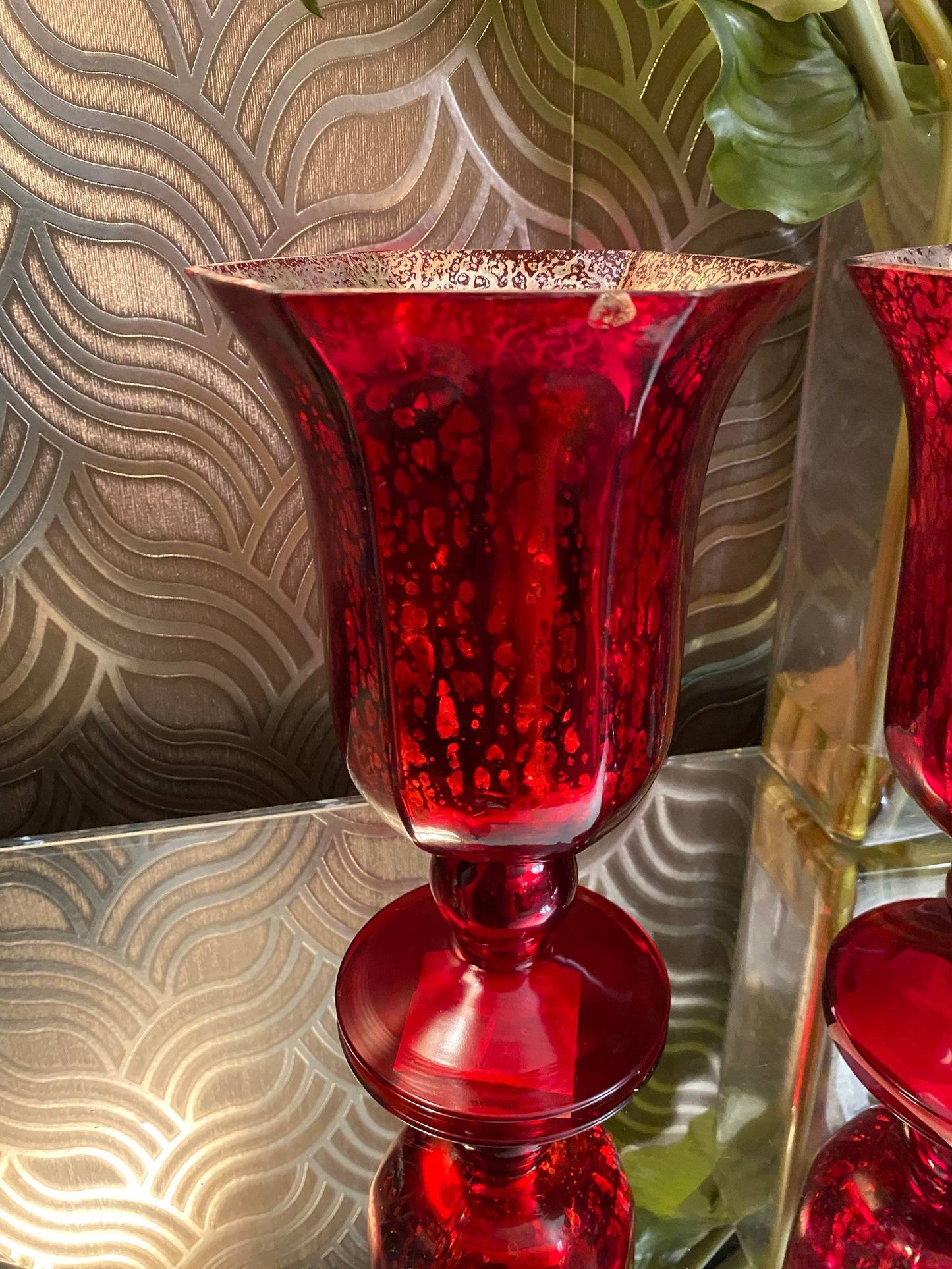 Red distress glass medallion hurricane vases