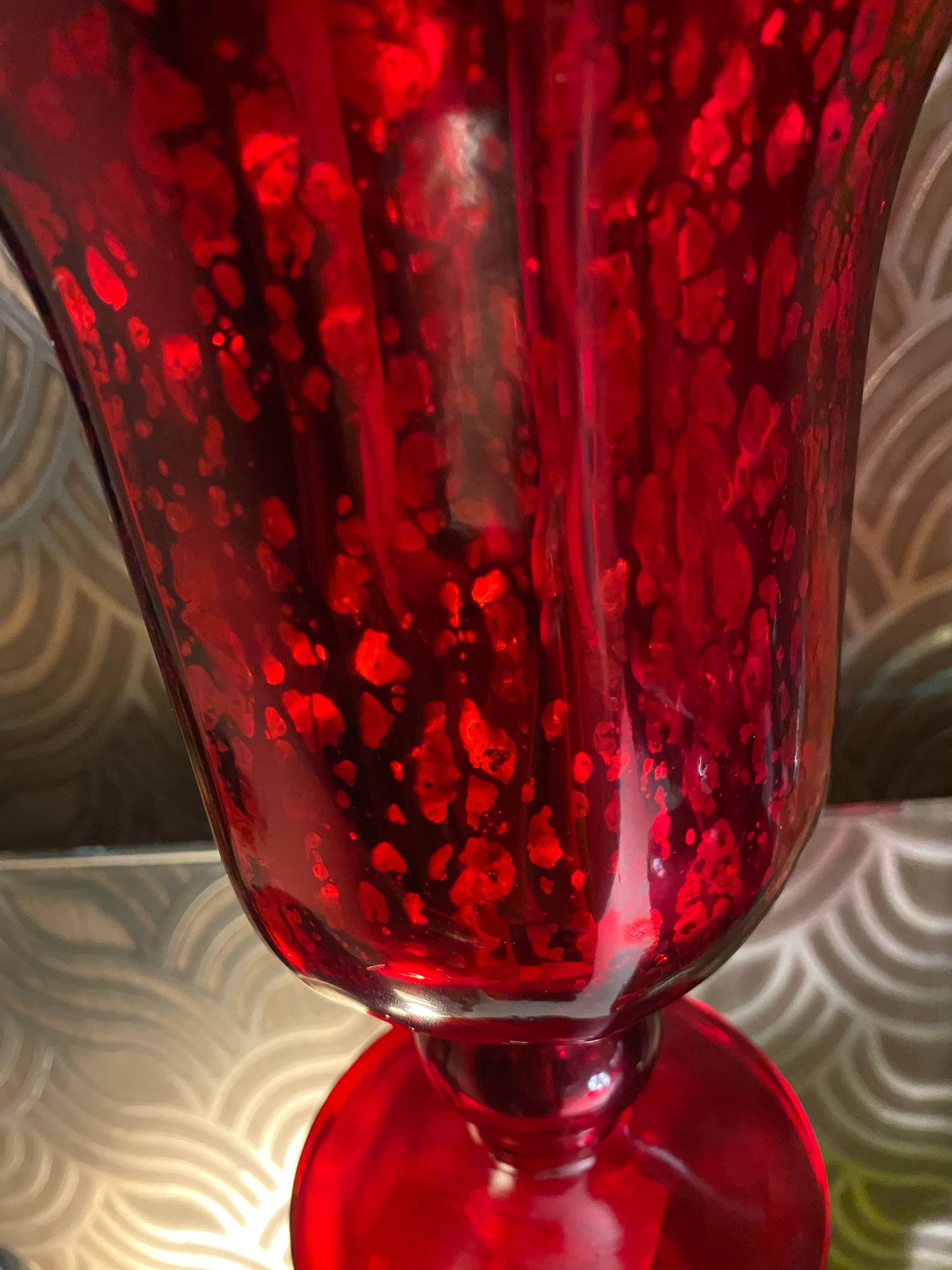 Red distress glass medallion hurricane vases