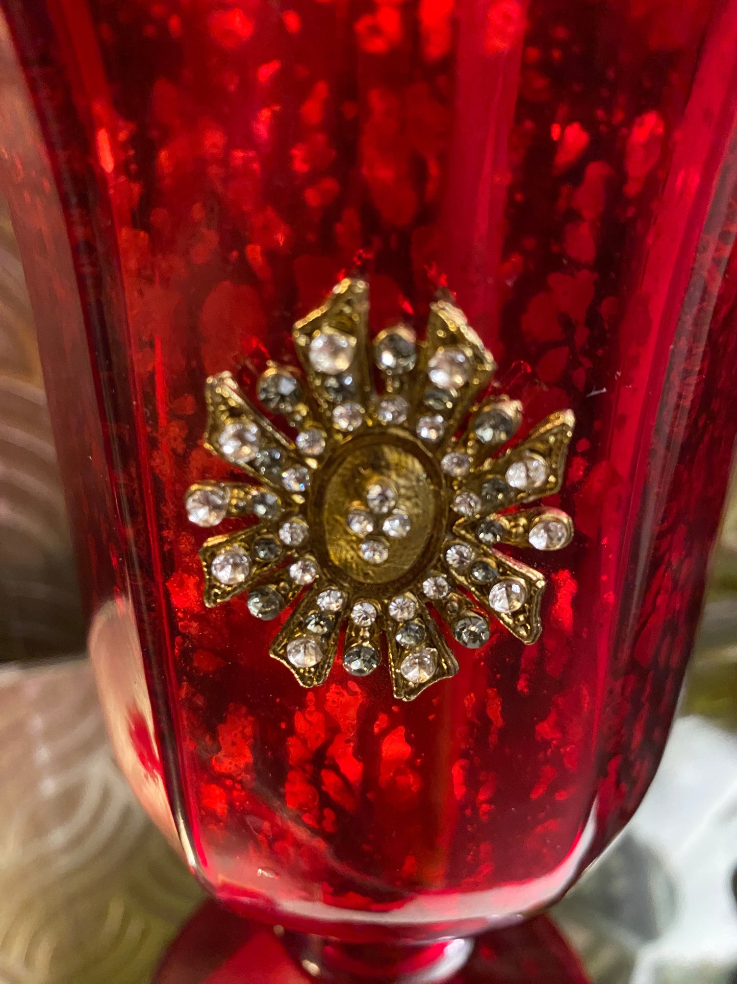 Red distress glass medallion hurricane vases