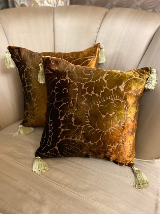 Floral gold brown embossed velvet satin tassel pillows