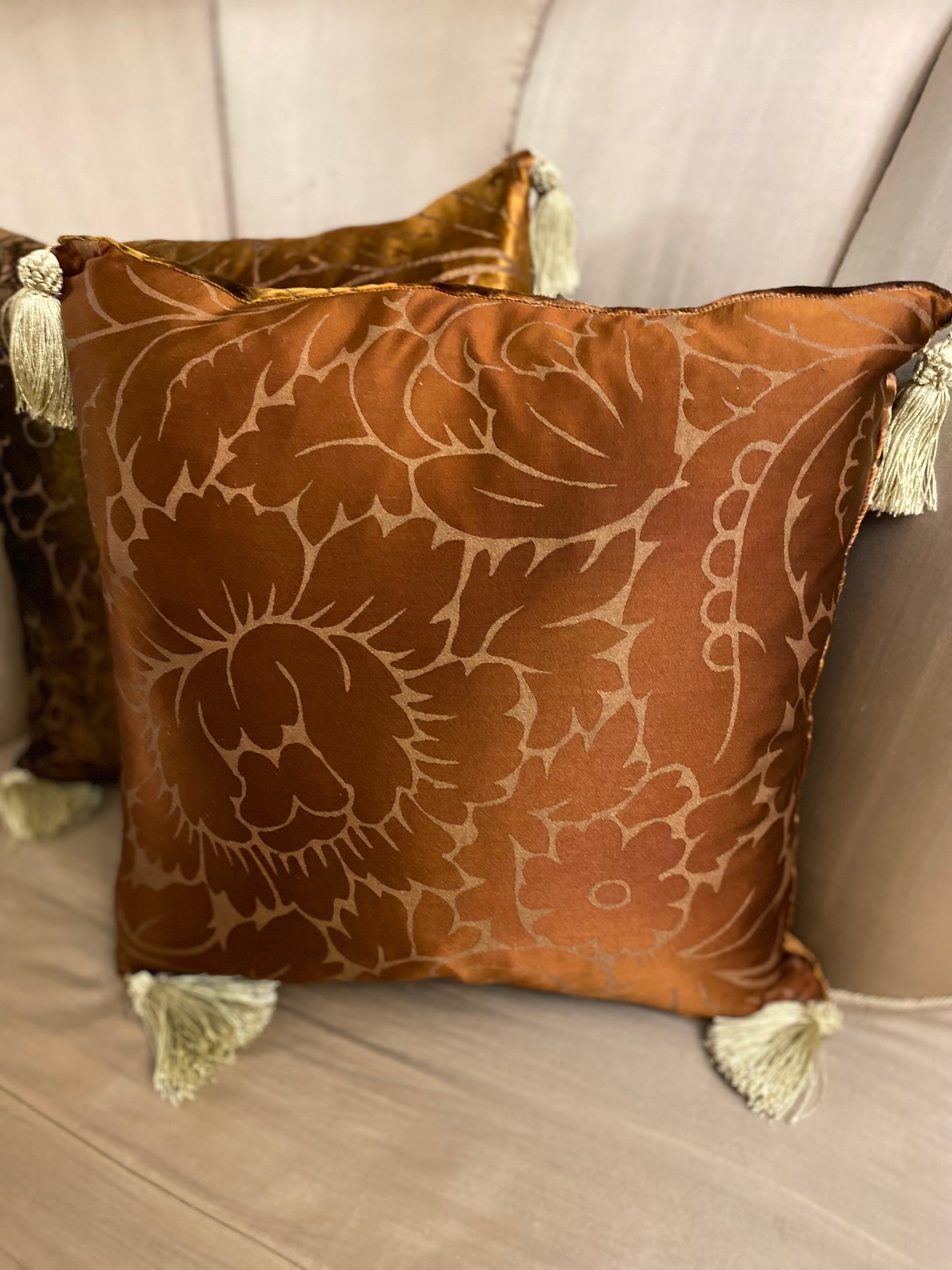 Floral gold brown embossed velvet satin tassel pillows